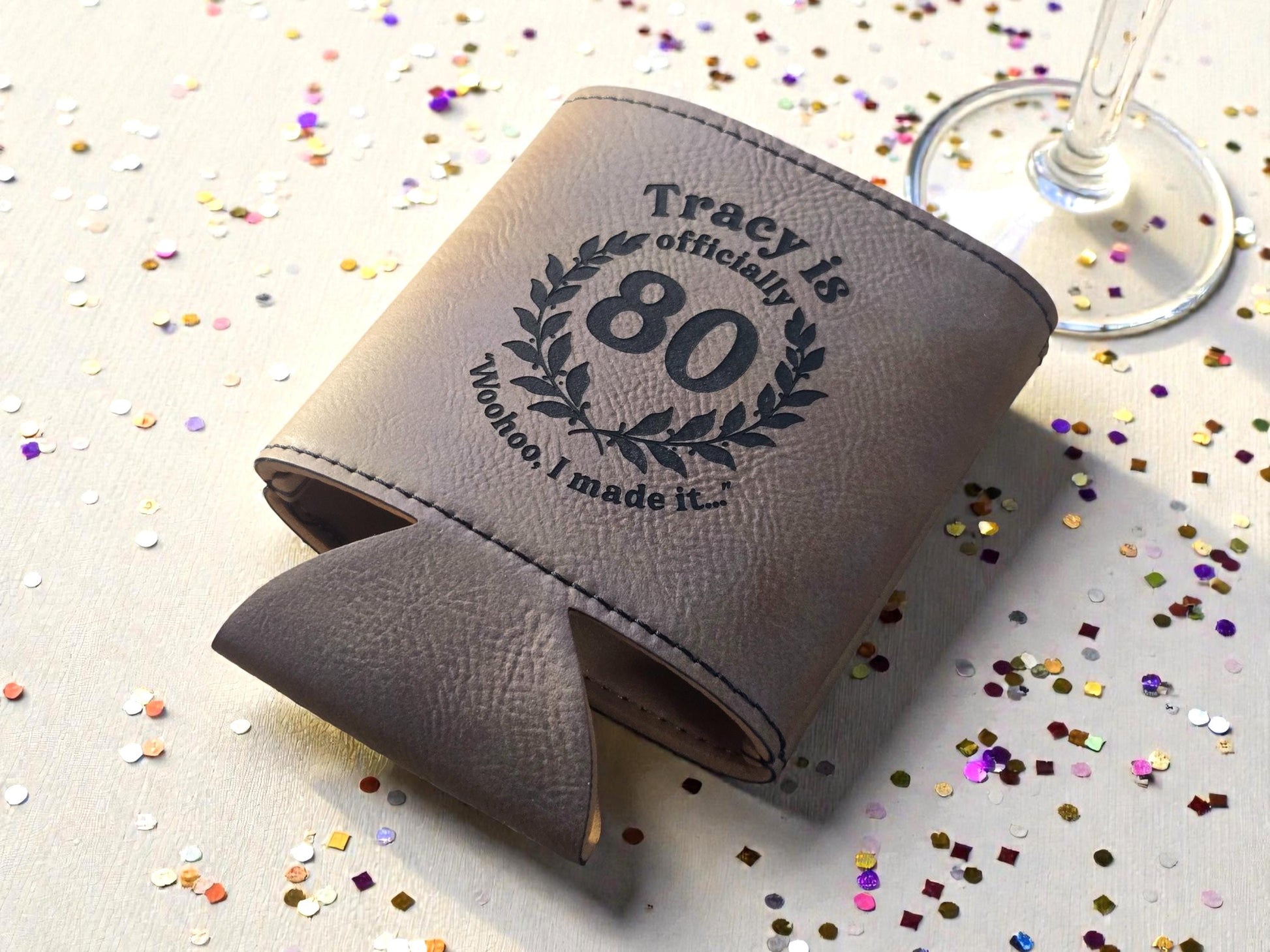 80th Birthday Party Favors, Custom Engraved Leatherette Can Holder, Bulk Party Favor Gift, Personalized Celebratory Gifts