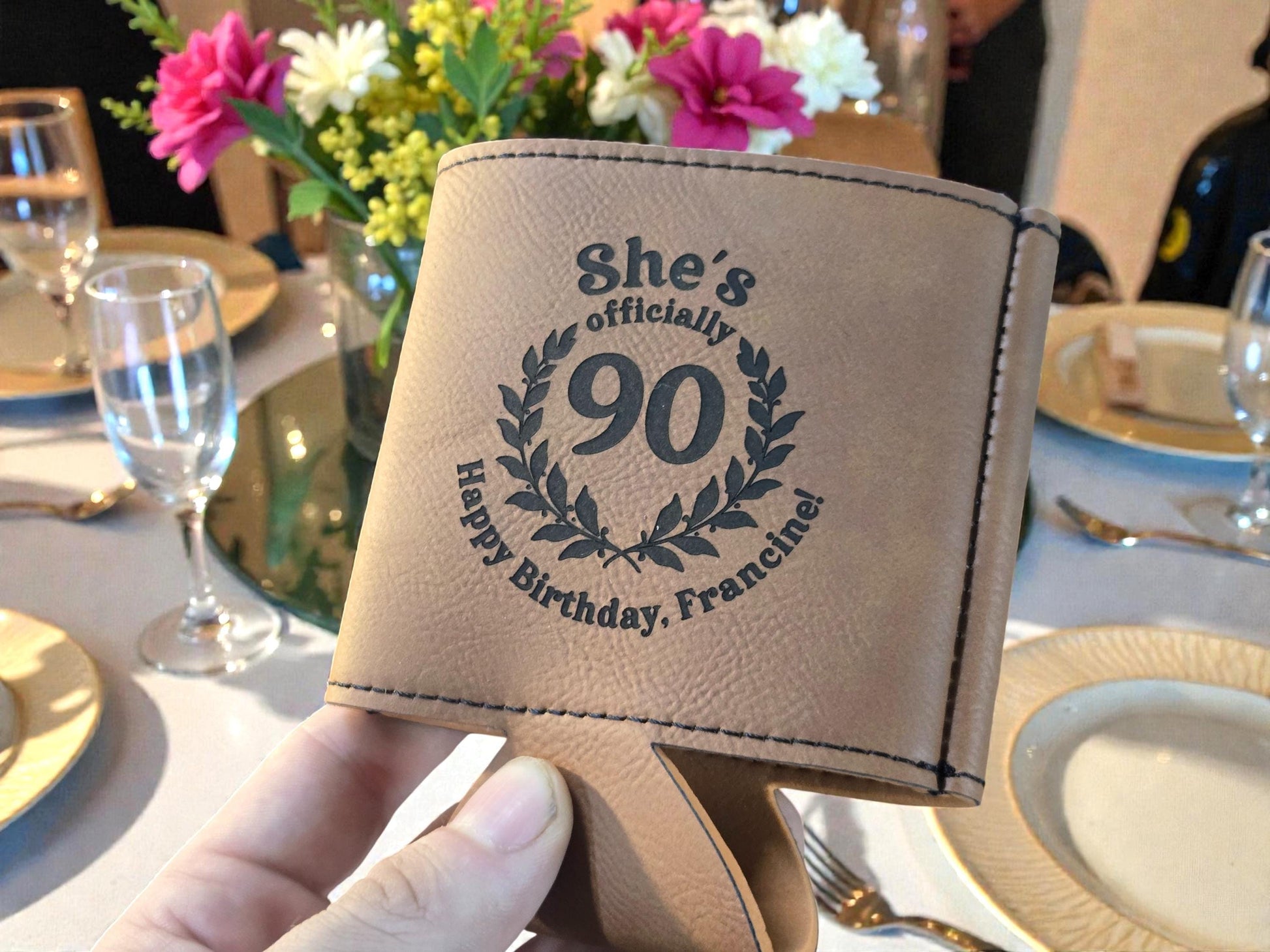 90th Birthday Party Favors, Custom Engraved Leatherette Can Holder, Bulk Party Favor Gift, Silver/Gold/Brown/Gray/Rawhide