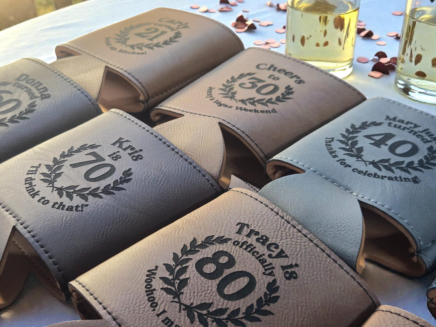 Milestone Birthday Party Favors, Custom Engraved Leatherette Can Holder, Bulk Party Favor Gift, Gold/Silver/Rawhide/Gray/Brown