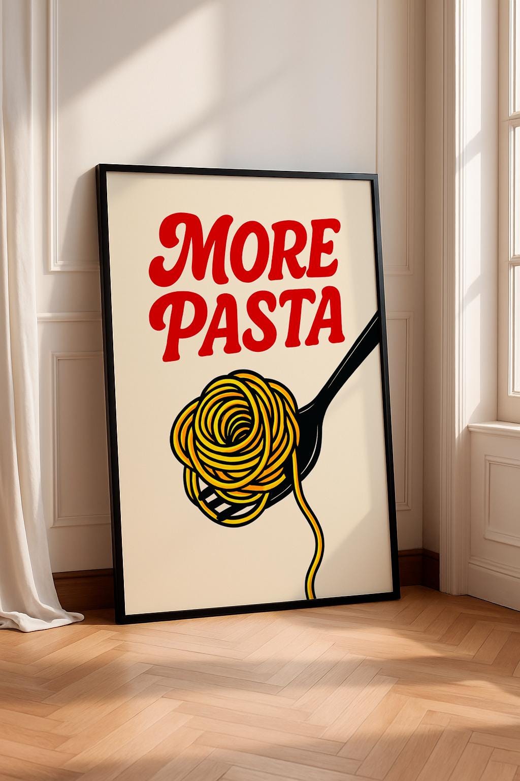 More Pasta Poster, Spaghetti Wall Art Print, Italian Food Illustration, Retro Kitchen Decor, Pop Art Food Poster