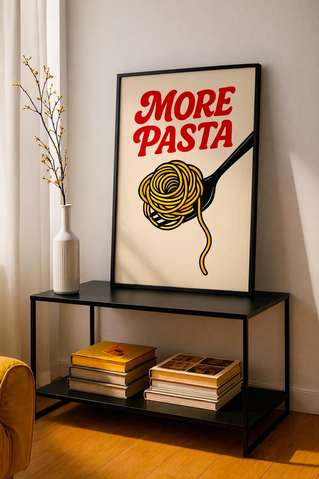 More Pasta Poster, Spaghetti Wall Art Print, Italian Food Illustration, Retro Kitchen Decor, Pop Art Food Poster