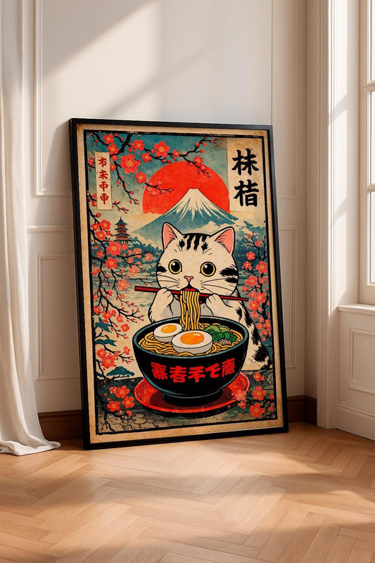 Ramen Eating Cat Poster, Japanese Cat Illustration, Kawaii Ramen Cat Art, Japanese Style Cat Print