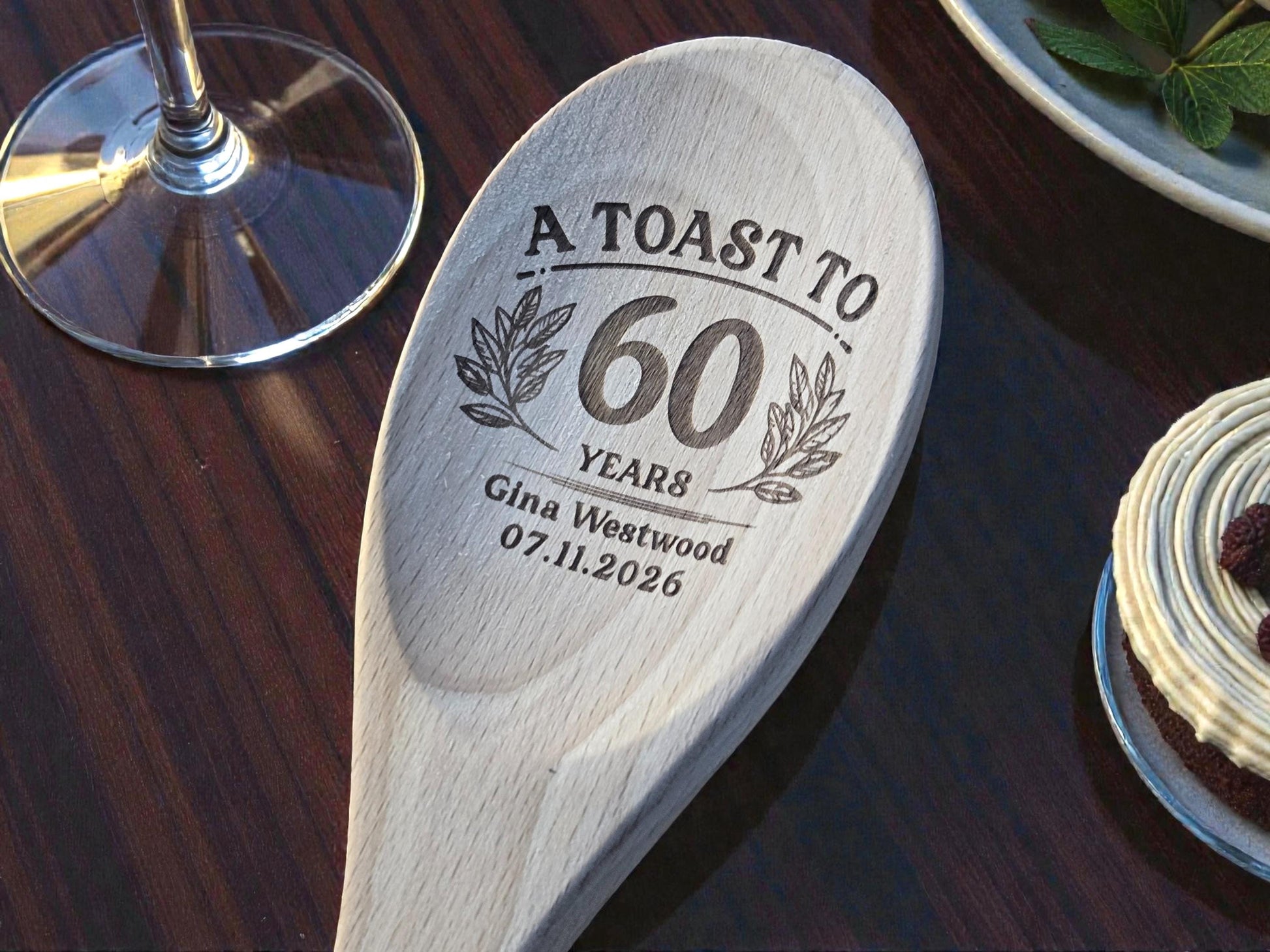 60th Birthday Party Favors, Personalized Engraved 12-Inch Beechwood Mixing Spoon, Bulk Birth Day Keepsakes, Custom Party Gift