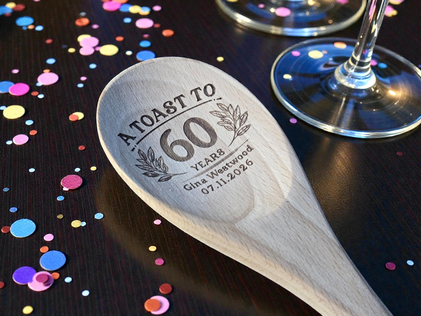 60th Birthday Party Favors, Personalized Engraved 12-Inch Beechwood Mixing Spoon, Bulk Birth Day Keepsakes, Custom Party Gift