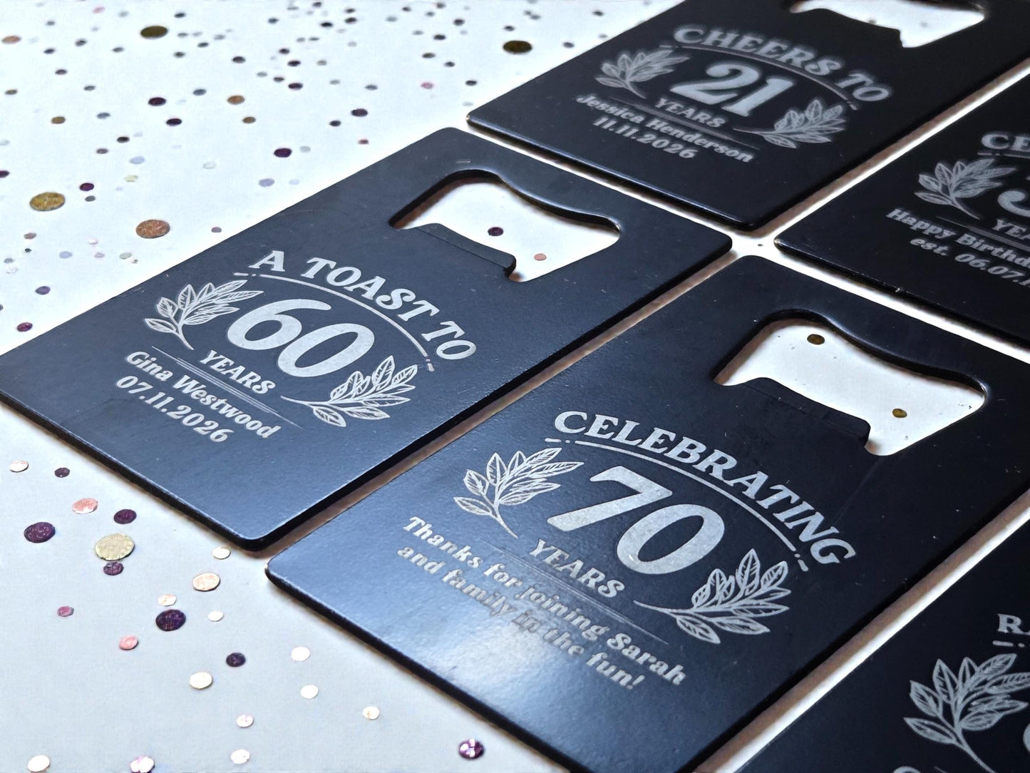 21st Birthday Party Favors, Personalized Engraved Black Card Bottle Opener, Bulk Party Gift Keepsakes, Custom Celebratory Milestone Gifts