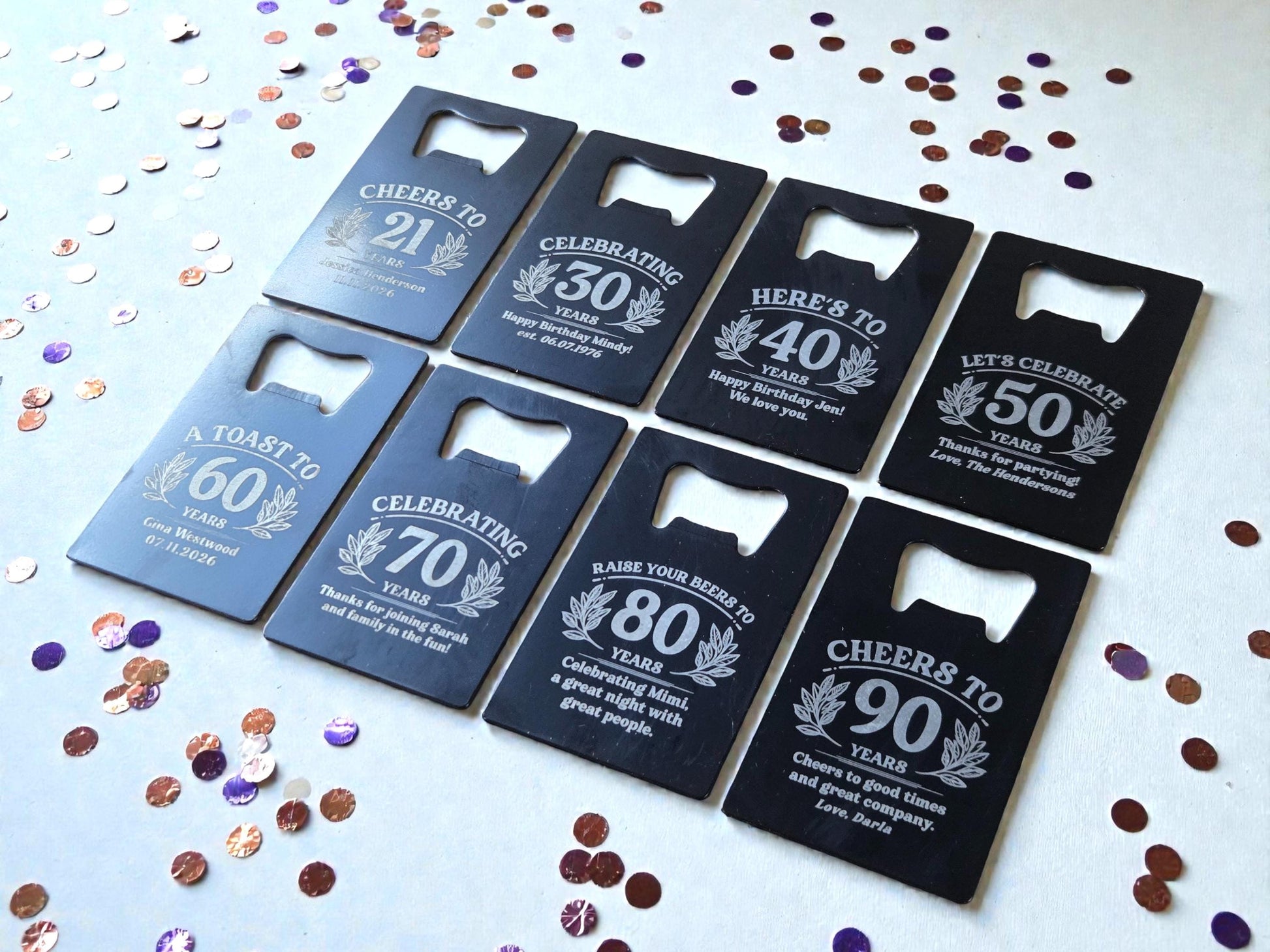 Milestone Birthday Party Favors, Personalized Engraved Black Card Bottle Opener, Bulk Party Gift Keepsakes, Custom Celebratory Gifts
