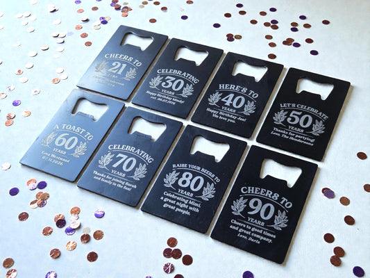 Milestone Birthday Party Favors, Personalized Engraved Black Card Bottle Opener, Bulk Party Gift Keepsakes, Custom Celebratory Gifts