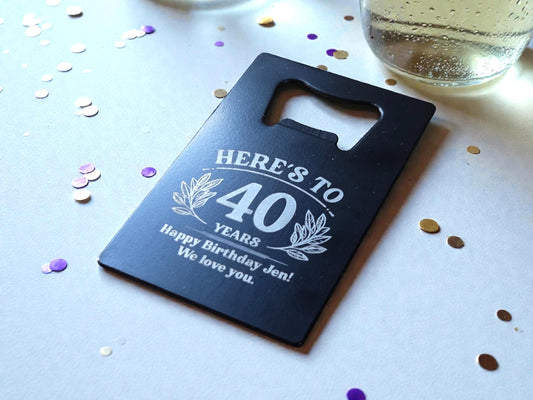40th Birthday Party Favors, Personalized Engraved Black Card Bottle Opener, Bulk Party Gift Keepsakes, Custom Celebratory Milestone Gifts