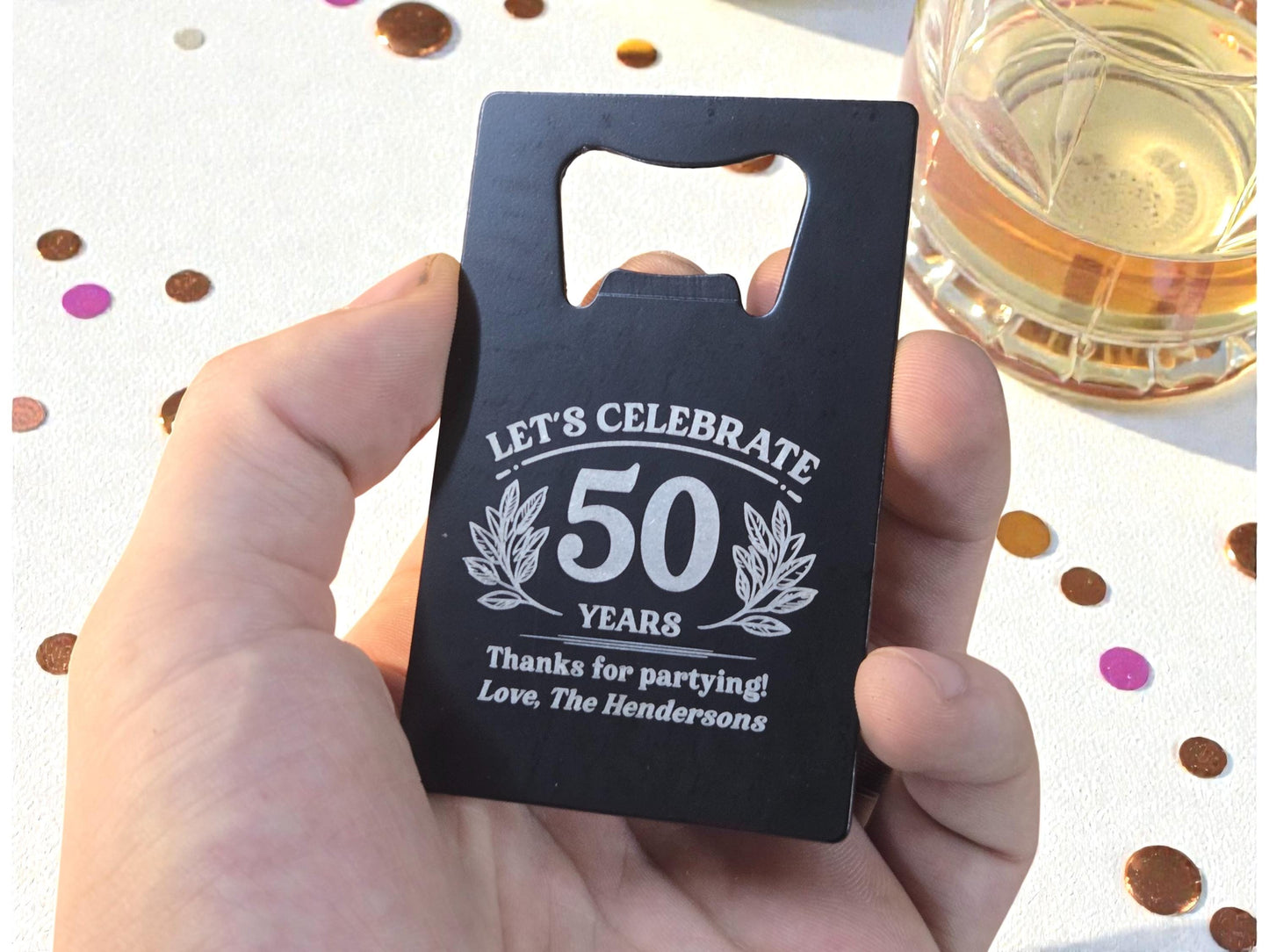 50th Birthday Party Favors, Personalized Engraved Black Card Bottle Opener, Bulk Party Gift Keepsakes, Custom Celebratory Milestone Gifts