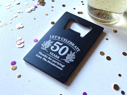 50th Birthday Party Favors, Personalized Engraved Black Card Bottle Opener, Bulk Party Gift Keepsakes, Custom Celebratory Milestone Gifts