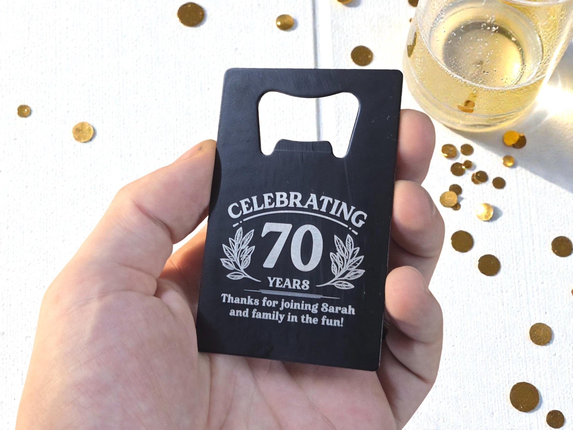 70th Birthday Party Favors, Personalized Engraved Black Card Bottle Opener, Bulk Party Gift Keepsakes, Custom Celebratory Milestone Gifts
