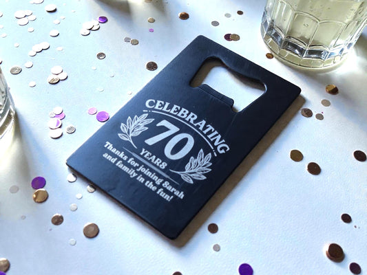 70th Birthday Party Favors, Personalized Engraved Black Card Bottle Opener, Bulk Party Gift Keepsakes, Custom Celebratory Milestone Gifts