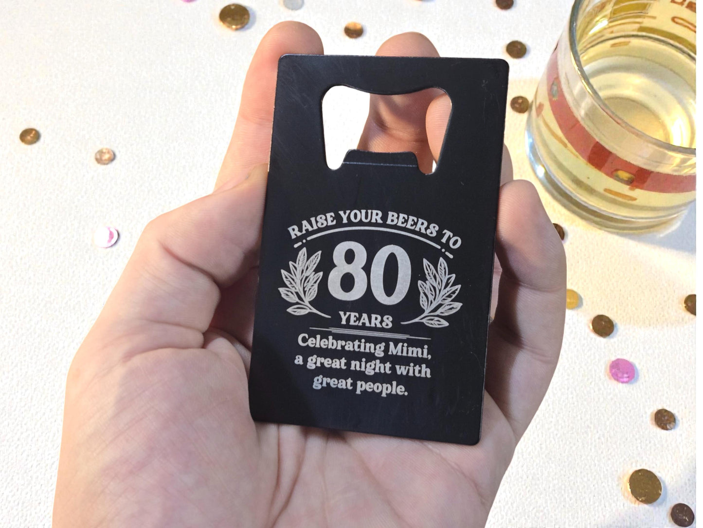 80th Birthday Party Favors, Personalized Engraved Black Card Bottle Opener, Bulk Party Gift Keepsakes, Custom Celebratory Milestone Gifts