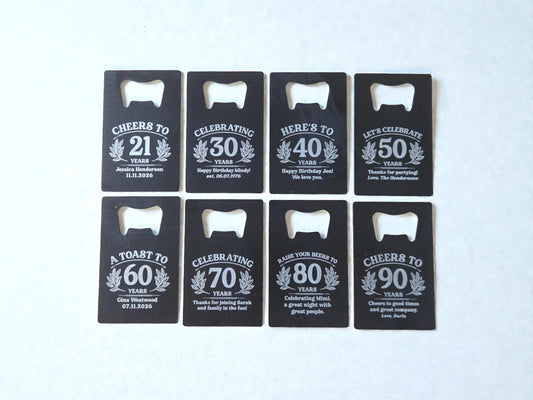 Milestone Birthday Magnet Party Favors, Personalized Engraved Magnetic Black Card Bottle Opener, Bulk Party Gifts, Custom Keepsakes