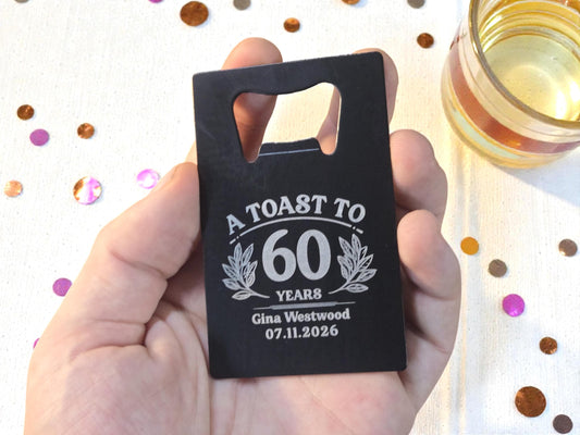 60th Birthday Magnet Party Favors, Personalized Engraved Magnetic Black Card Bottle Opener, Bulk Party Gifts, Custom Keepsakes