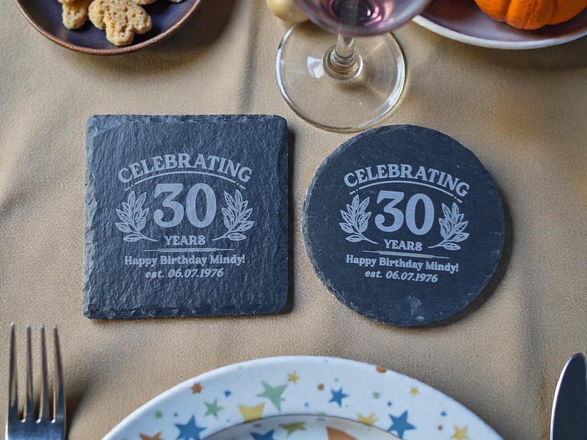 30th Birthday Party Favors, Personalized Engraved Slate Coaster, Round Or Square, Bulk Celebratory Gift, Custom Birth Day Party Gifts