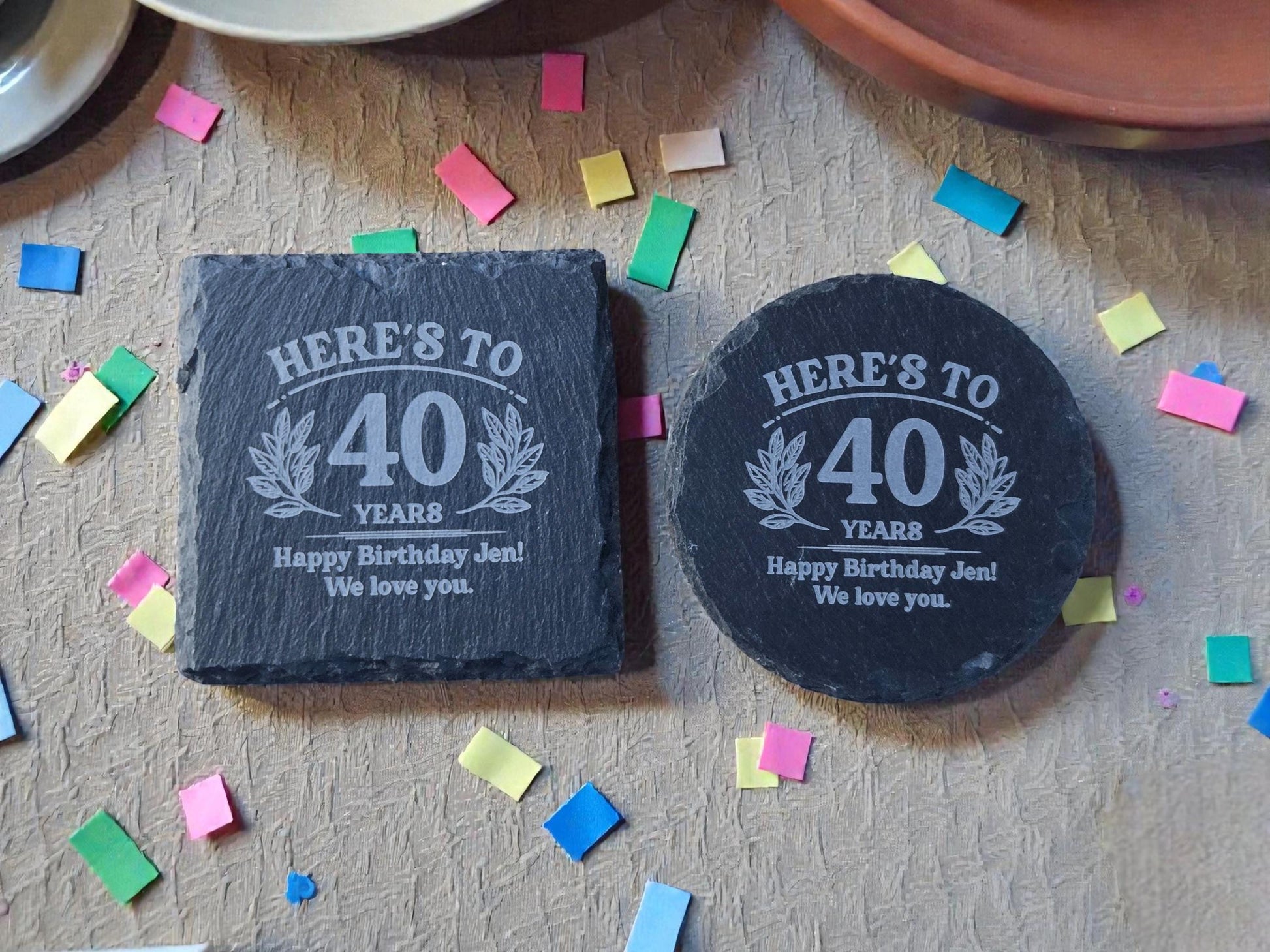 40th Birthday Party Favors, Personalized Engraved Slate Coaster, Round Or Square, Bulk Celebratory Gift, Custom Birth Day Party Gifts