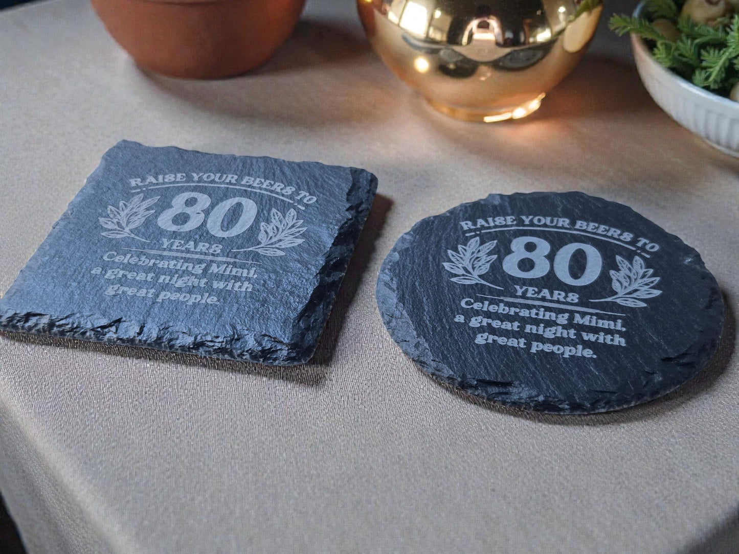 80th Birthday Party Favors, Personalized Engraved Slate Coaster, Round Or Square, Bulk Celebratory Gift, Custom Birth Day Party Gifts