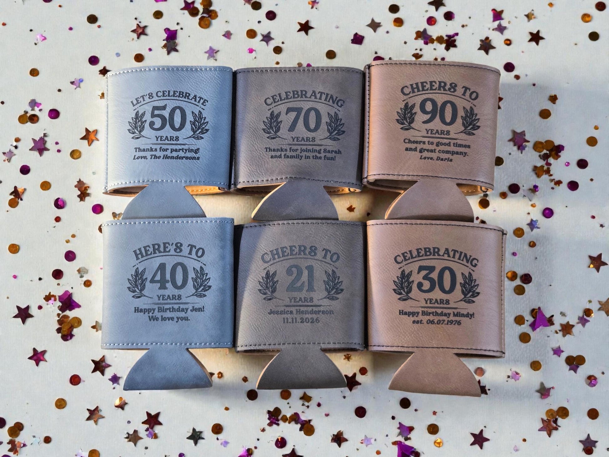 Milestone Birthday Party Favors, Personalized Engraved Leatherette Can Holder, Bulk Party Favor Gift, Gold/Silver/Gray/Rawhide/Brown
