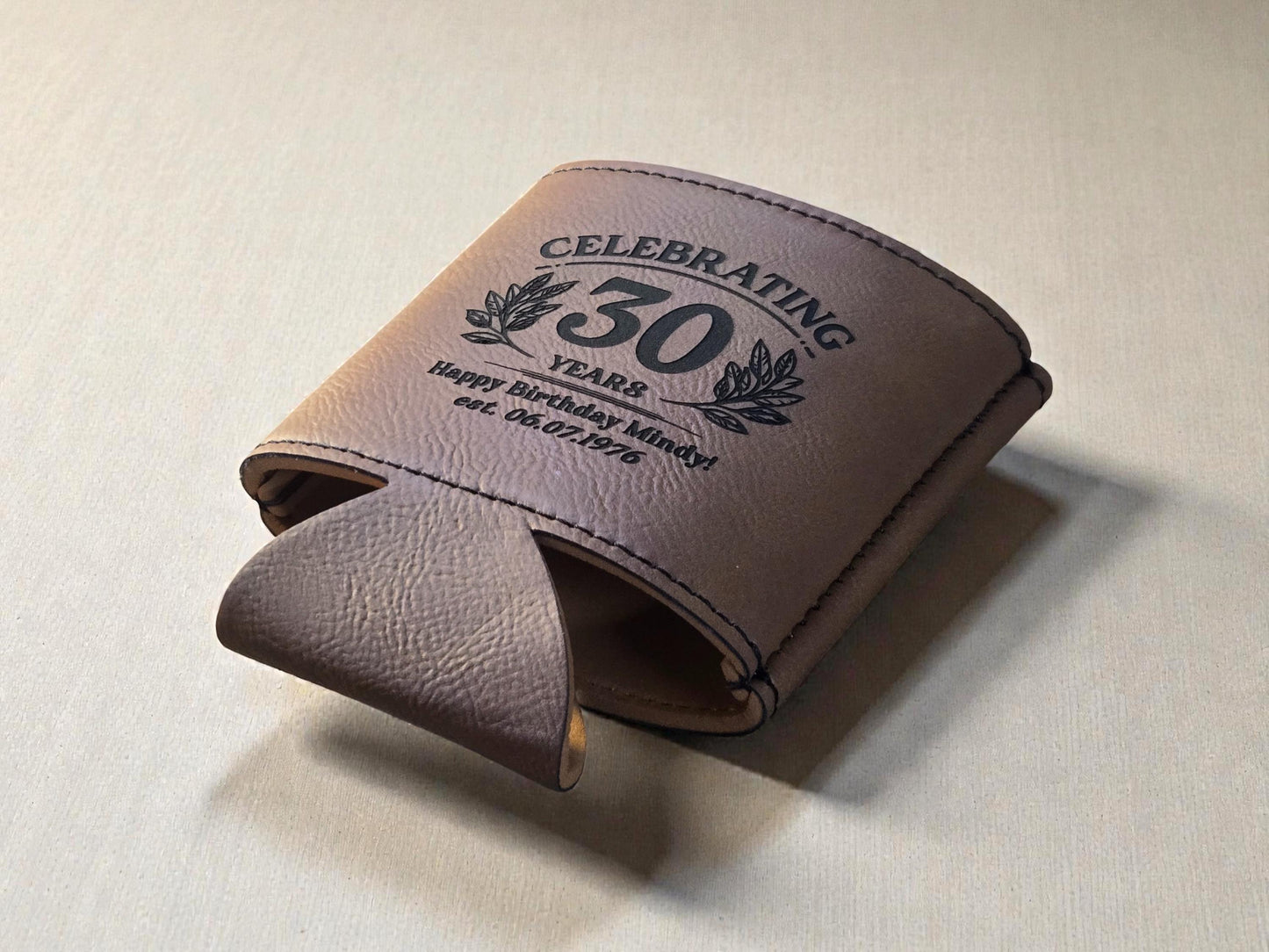 30th Birthday Party Favors, Personalized Engraved Leatherette Can Holder, Bulk Party Favor Gift, Custom Celebratory Gifts