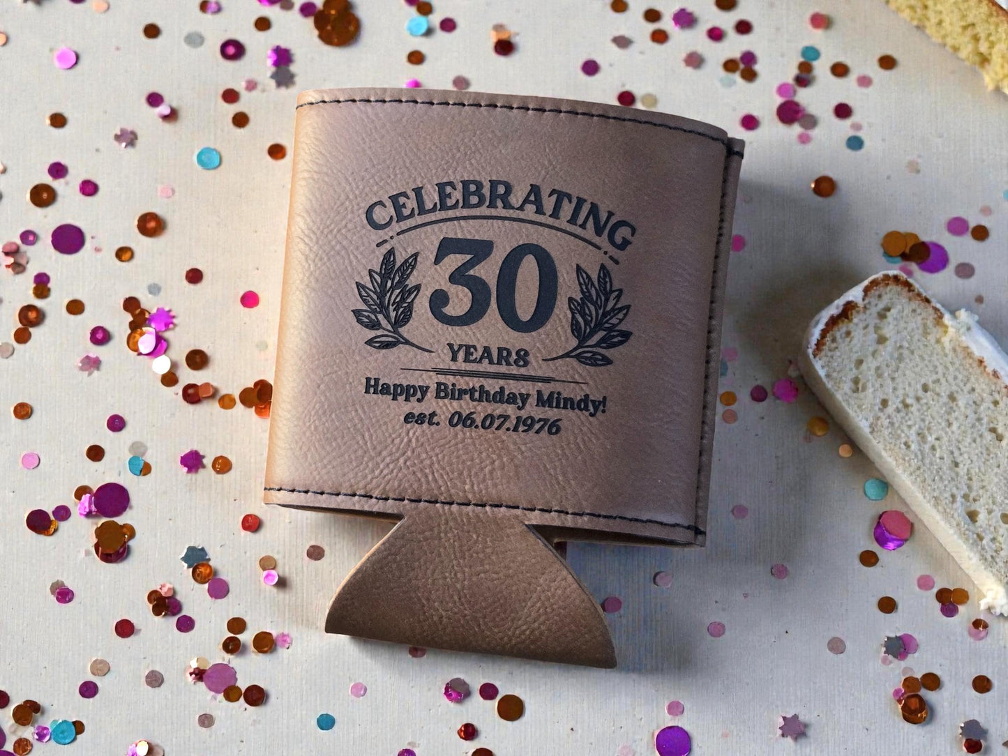 30th Birthday Party Favors, Personalized Engraved Leatherette Can Holder, Bulk Party Favor Gift, Custom Celebratory Gifts