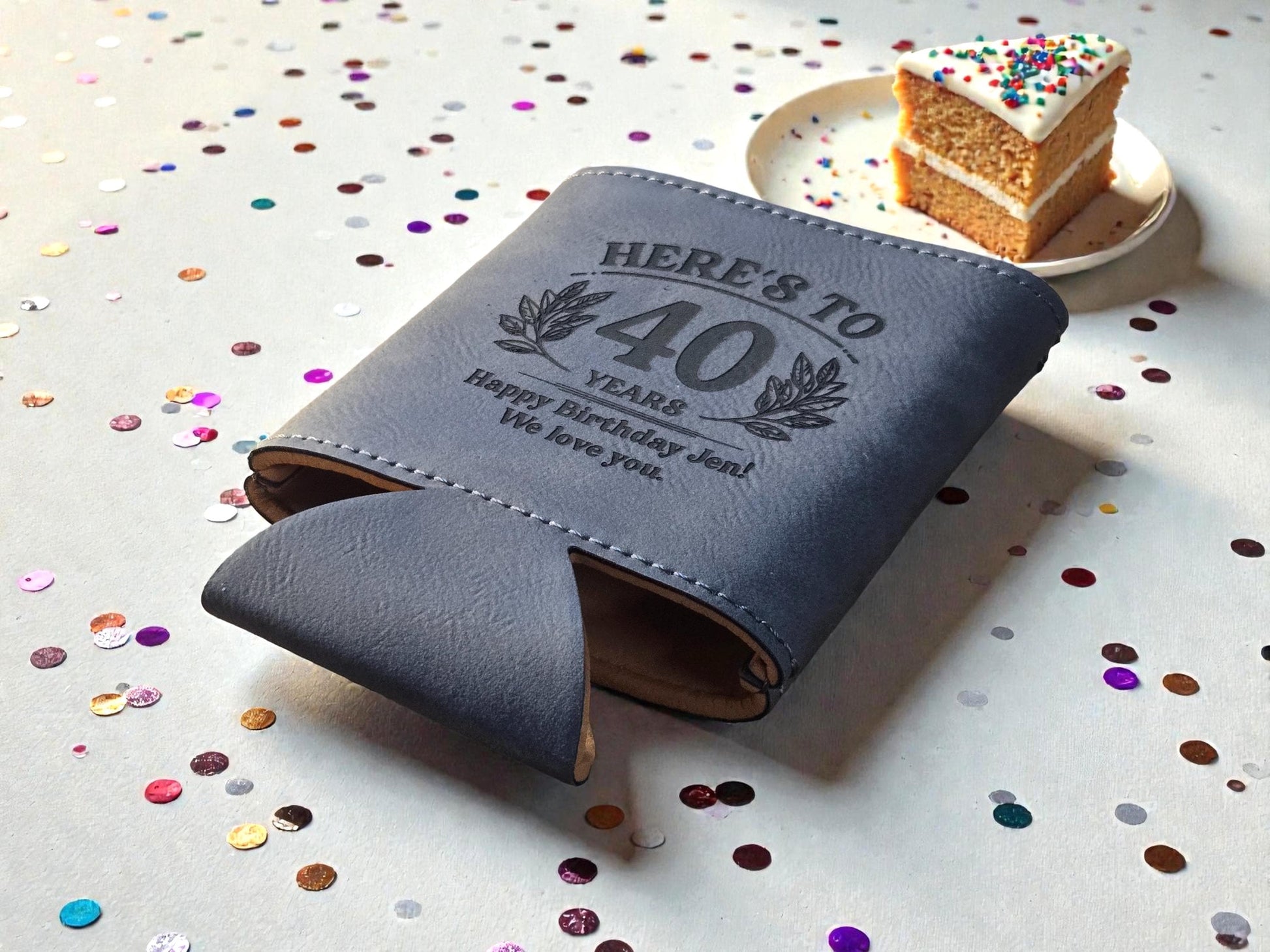 40th Birthday Party Favors, Personalized Engraved Leatherette Can Holder, Bulk Party Favor Gift, Custom Celebratory Gifts