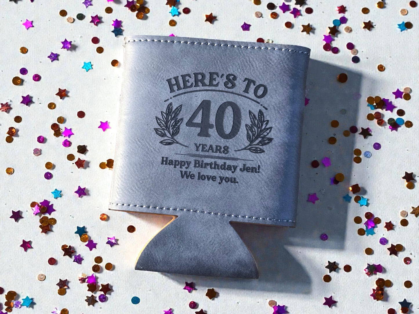 40th Birthday Party Favors, Personalized Engraved Leatherette Can Holder, Bulk Party Favor Gift, Custom Celebratory Gifts