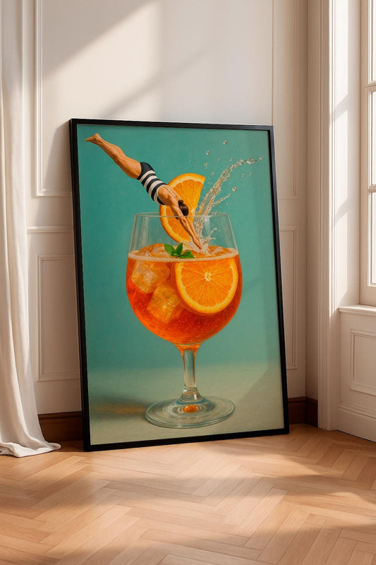 Cocktail Art Print, Diving Into Drink Poster, Aperol Spritz Wall Decor, Retro Vintage Bar Decor, Kitchen & Bar Wall Art