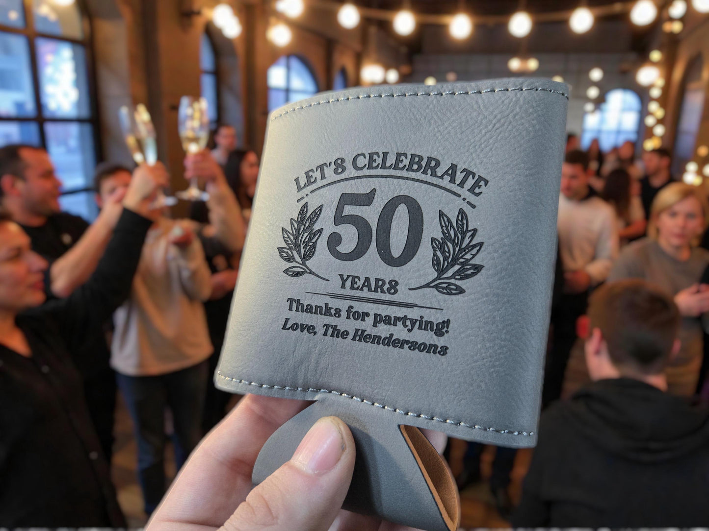 50th Birthday Party Favors, Personalized Engraved Leatherette Can Holder, Bulk Party Favor Gift, Custom Celebratory Gifts