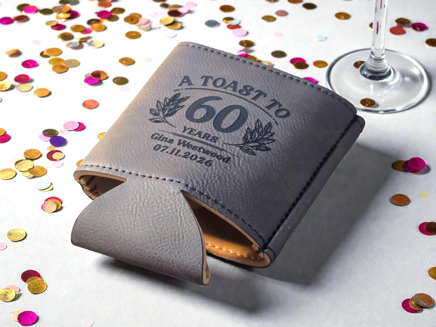 60th Birthday Party Favors, Personalized Engraved Leatherette Can Holder, Bulk Party Favor Gift, Custom Celebratory Gifts