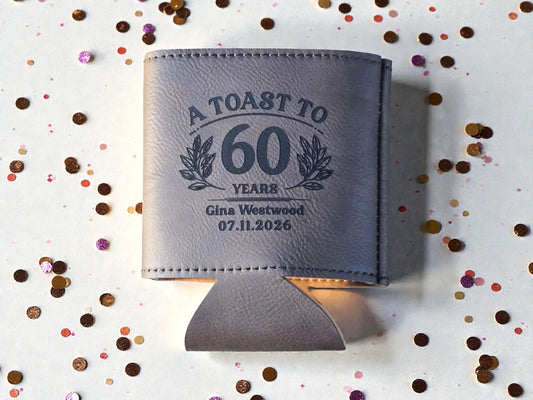 60th Birthday Party Favors, Personalized Engraved Leatherette Can Holder, Bulk Party Favor Gift, Custom Celebratory Gifts