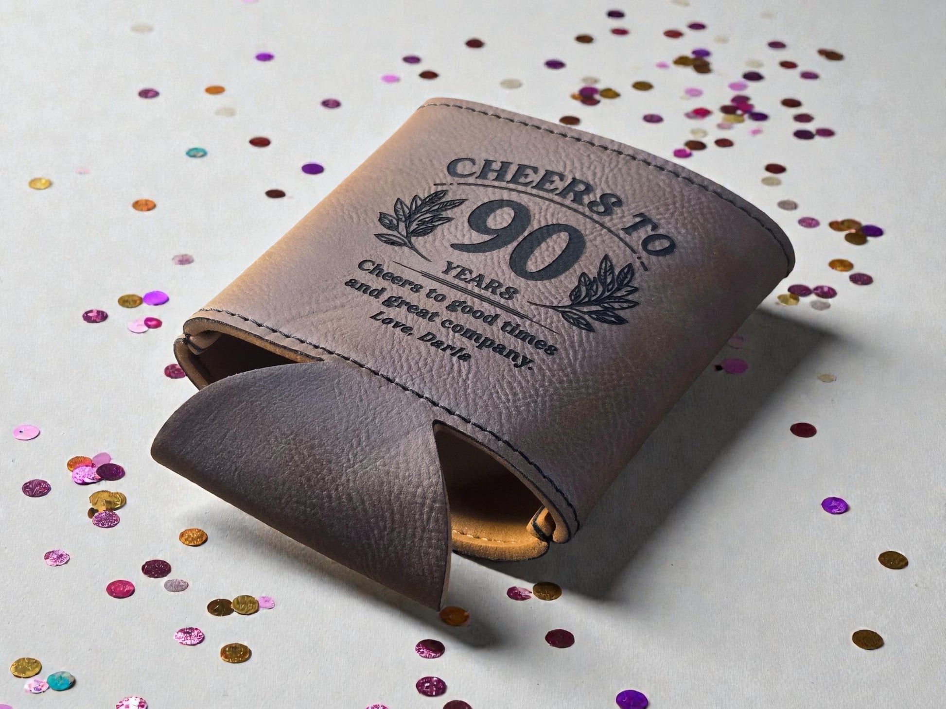 90th Birthday Party Favors, Personalized Engraved Leatherette Can Holder, Bulk Party Favor Gift, Custom Celebratory Gifts