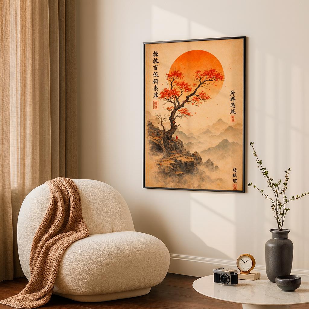 Japanese Zen Landscape Poster, Red Sun Tree Art Print, Asian Ink Painting Wall Art, Minimalist Nature Decor, Mountain Cliff Illustration