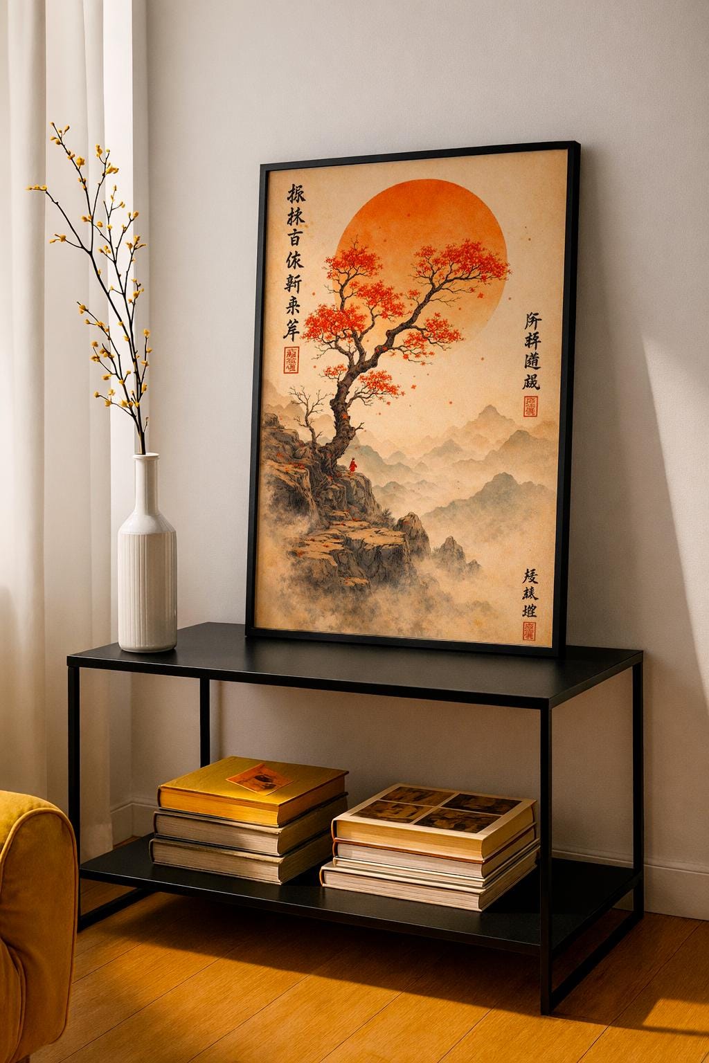 Japanese Zen Landscape Poster, Red Sun Tree Art Print, Asian Ink Painting Wall Art, Minimalist Nature Decor, Mountain Cliff Illustration