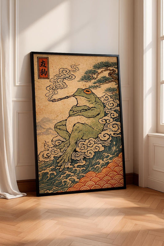 Smoking Frog Poster, Vintage Japanese Art Print, Retro Wall Decor, Quirky Kitchen Wall Art, Bar Cart Poster, Whimsical Surreal Illustration