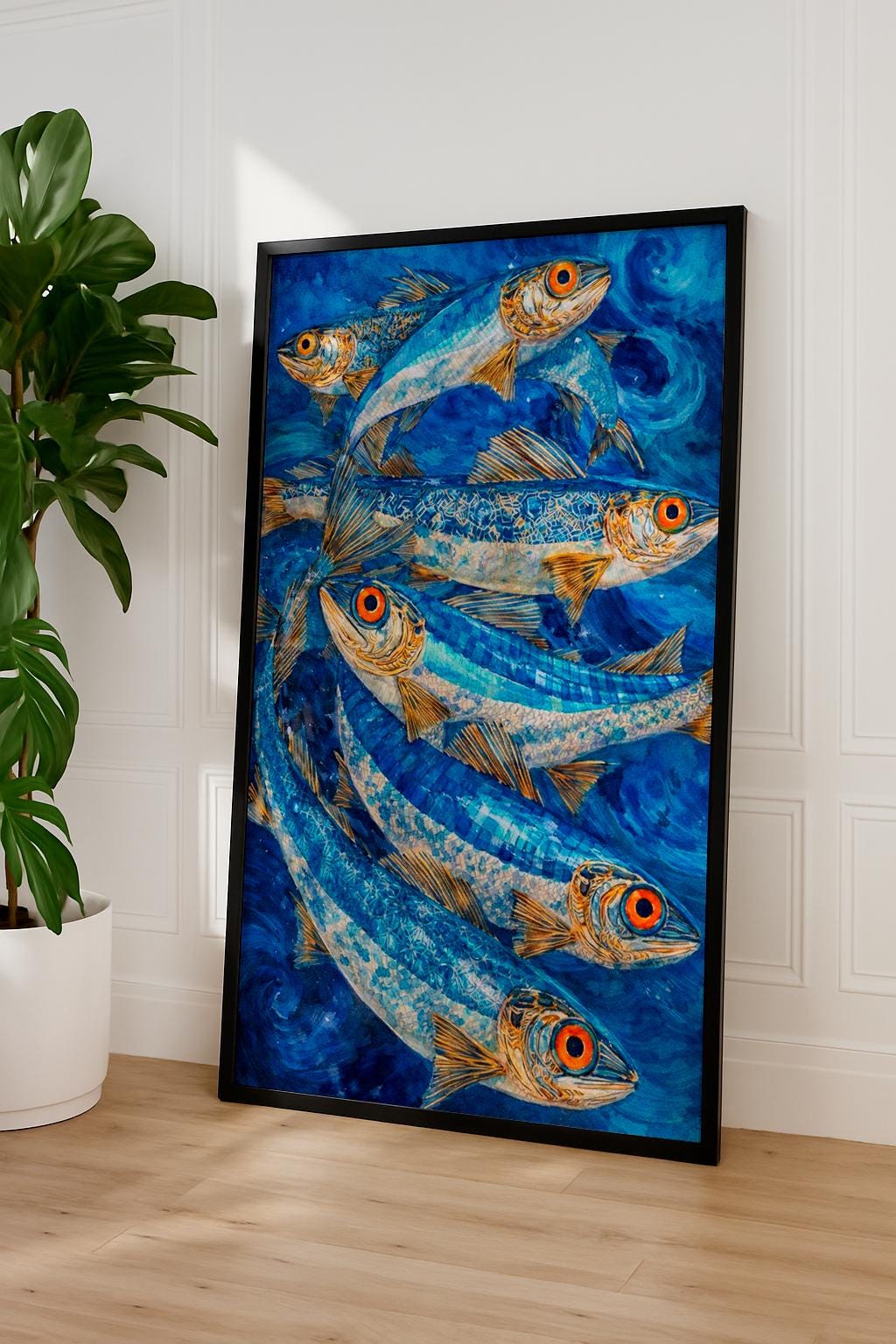 Surreal Fish Art Print – Blue Ocean Wall Art – Modern Marine Illustration – Nautical Watercolor Poster
