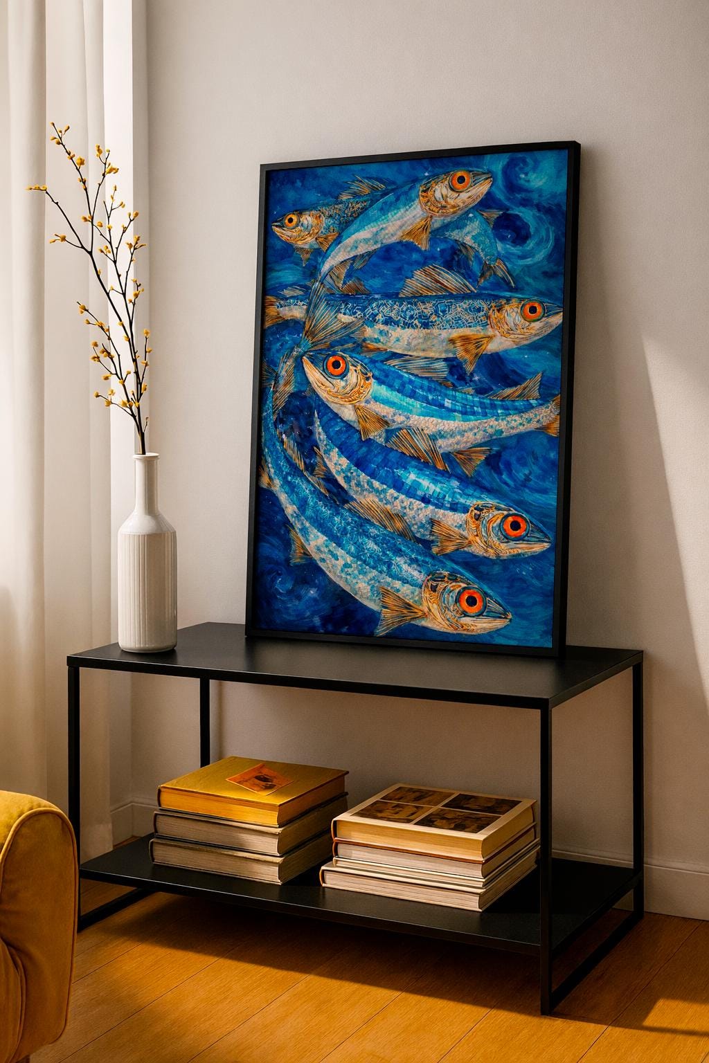 Surreal Fish Art Print – Blue Ocean Wall Art – Modern Marine Illustration – Nautical Watercolor Poster