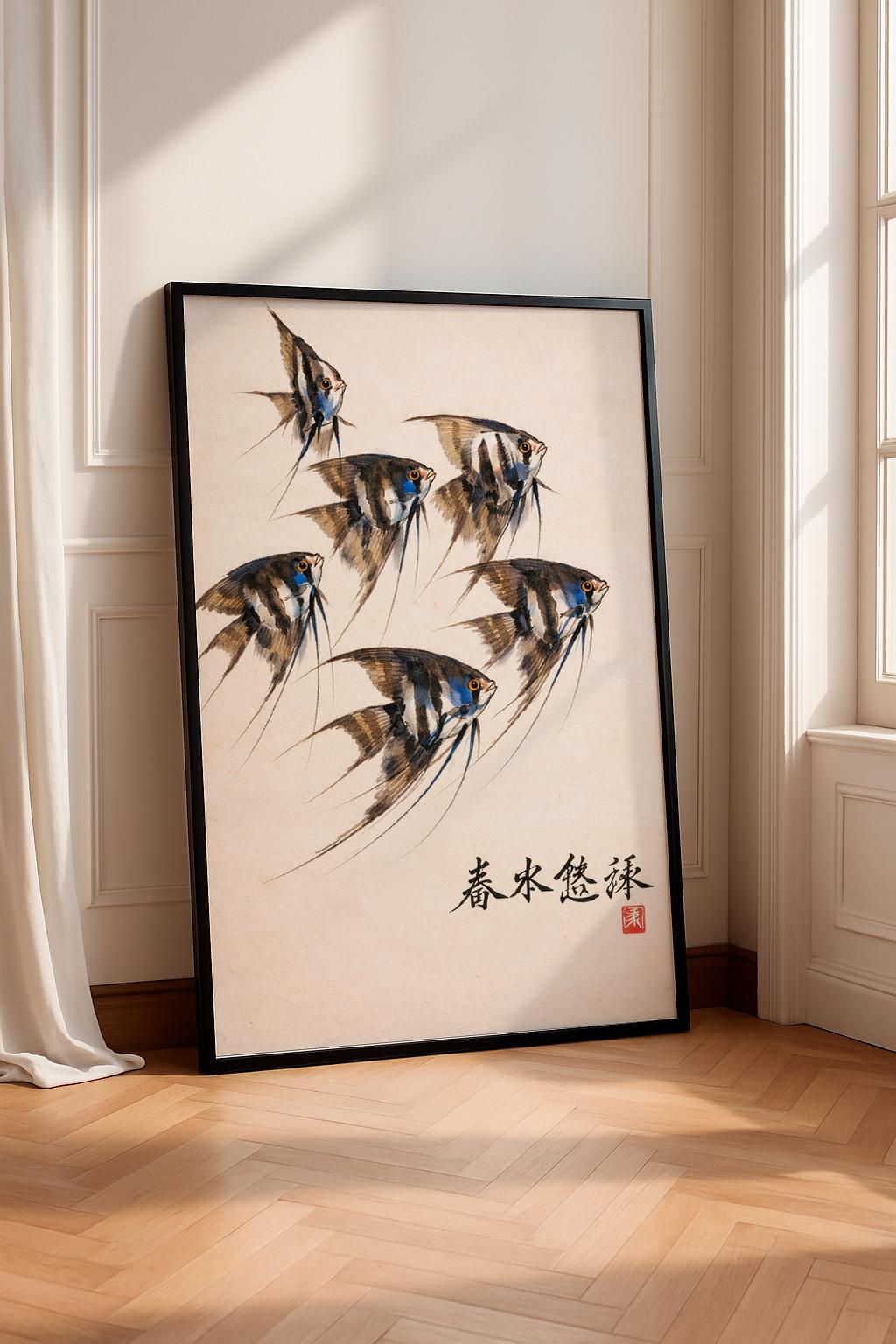 Angelfish Art Print – Japanese Sumi-e Style Fish Illustration, Minimal Oriental Wall Art, Nature Poster