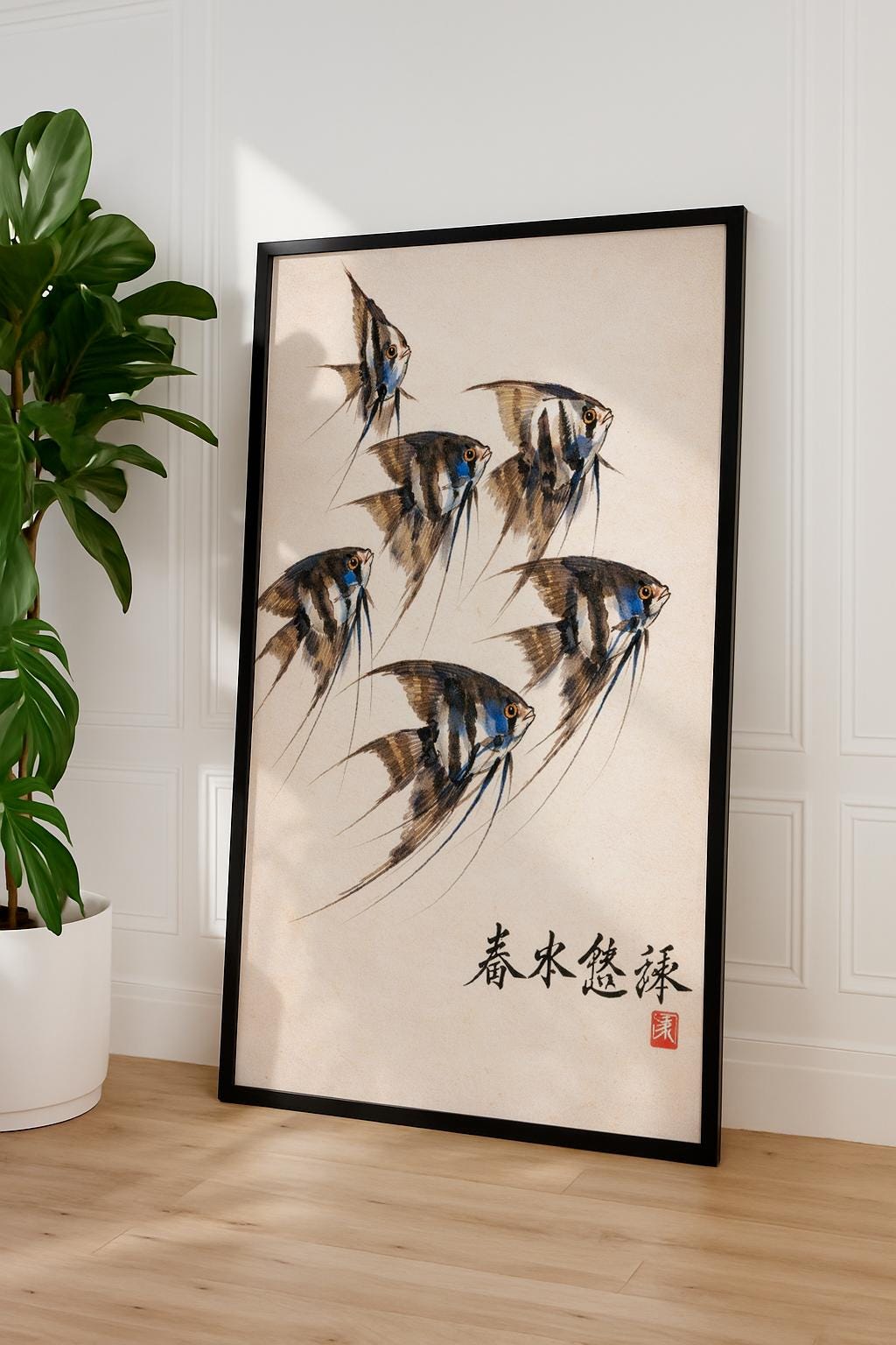 Angelfish Art Print – Japanese Sumi-e Style Fish Illustration, Minimal Oriental Wall Art, Nature Poster