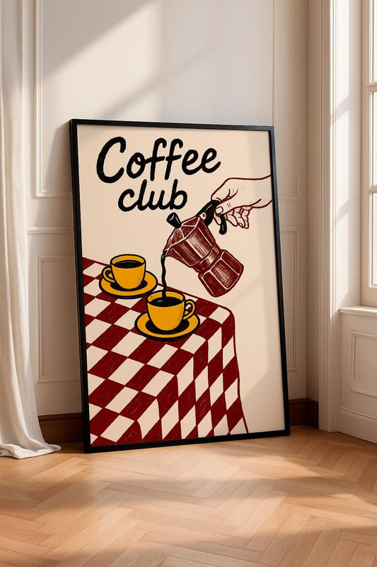 Coffee Club Vintage Poster, Retro Coffee Illustration with Moka, Mid Century Kitchen Wall Art, Coffee Lover Decor