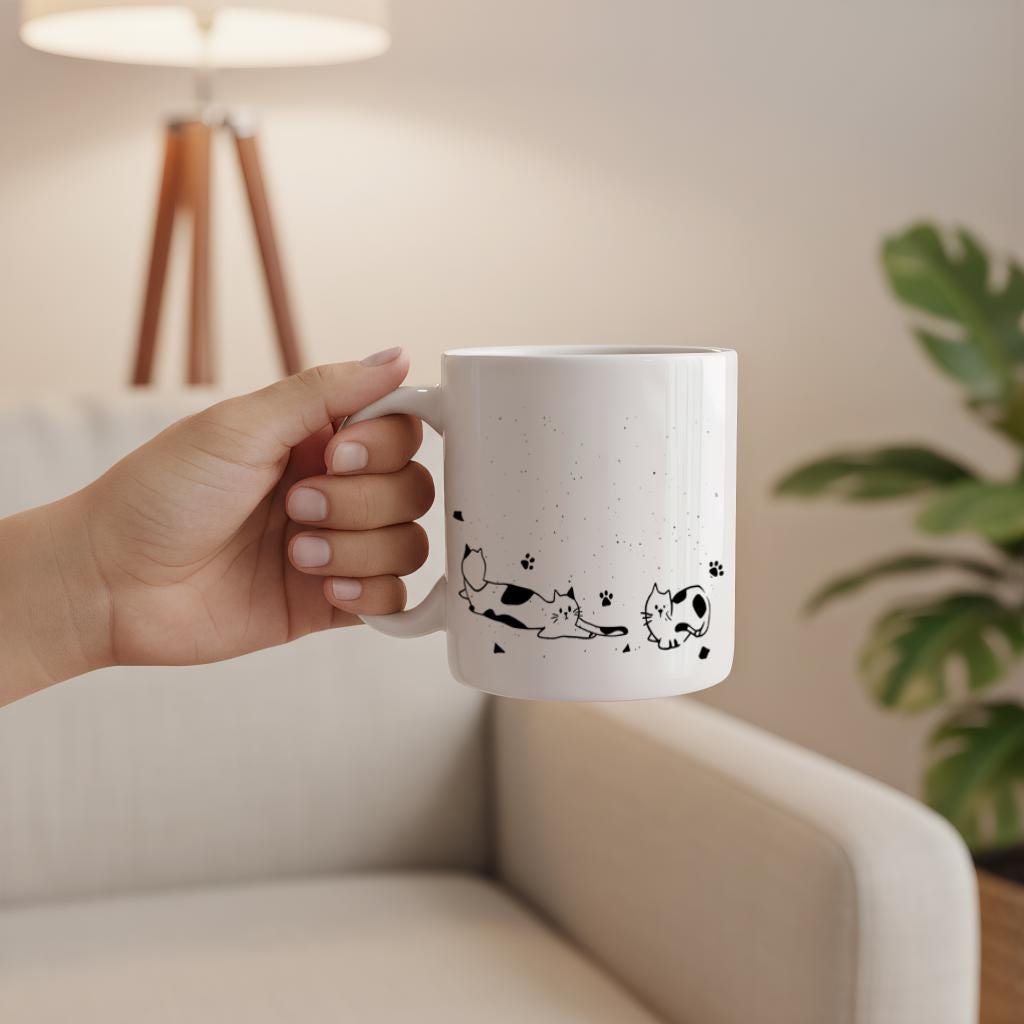 Minimalist Cat Illustration Mug, Black and White Kitty Line Art Coffee Cup, Gift for Cat Lovers and Pet Moms