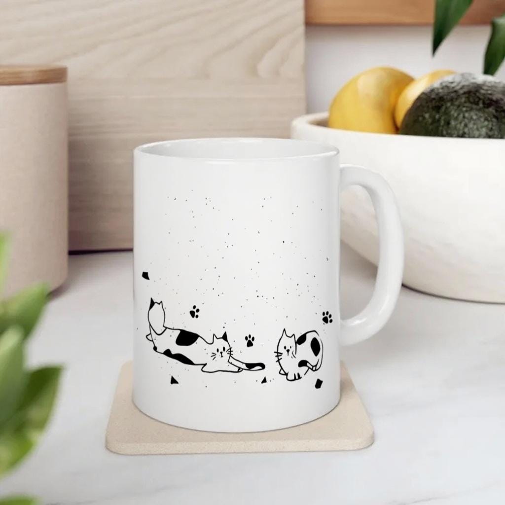 Minimalist Cat Illustration Mug, Black and White Kitty Line Art Coffee Cup, Gift for Cat Lovers and Pet Moms