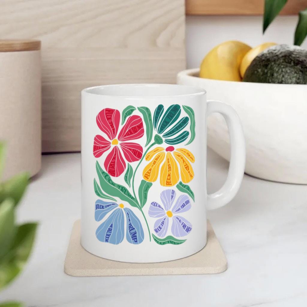 Colorful Floral Coffee Mug, Scandinavian Folk Flower Illustration Cup for Garden Lovers, Gift for Her