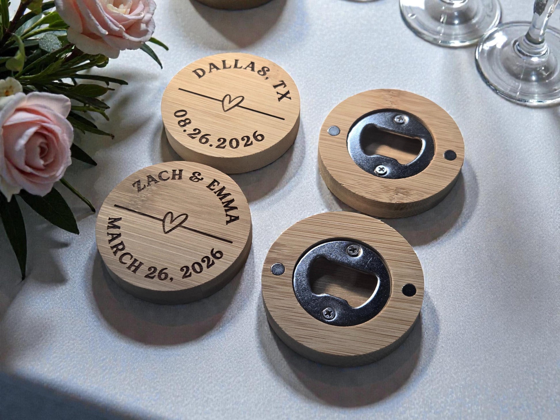 Wedding Favor Magnetic Bamboo Bottle Openers, Heart Design, Custom Laser Engraved Bulk Wedding Favors