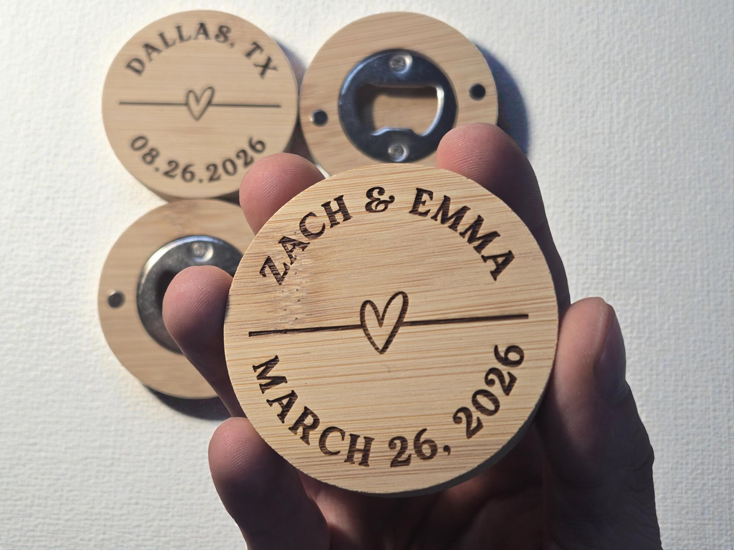 Wedding Favor Magnetic Bamboo Bottle Openers, Heart Design, Custom Laser Engraved Bulk Wedding Favors