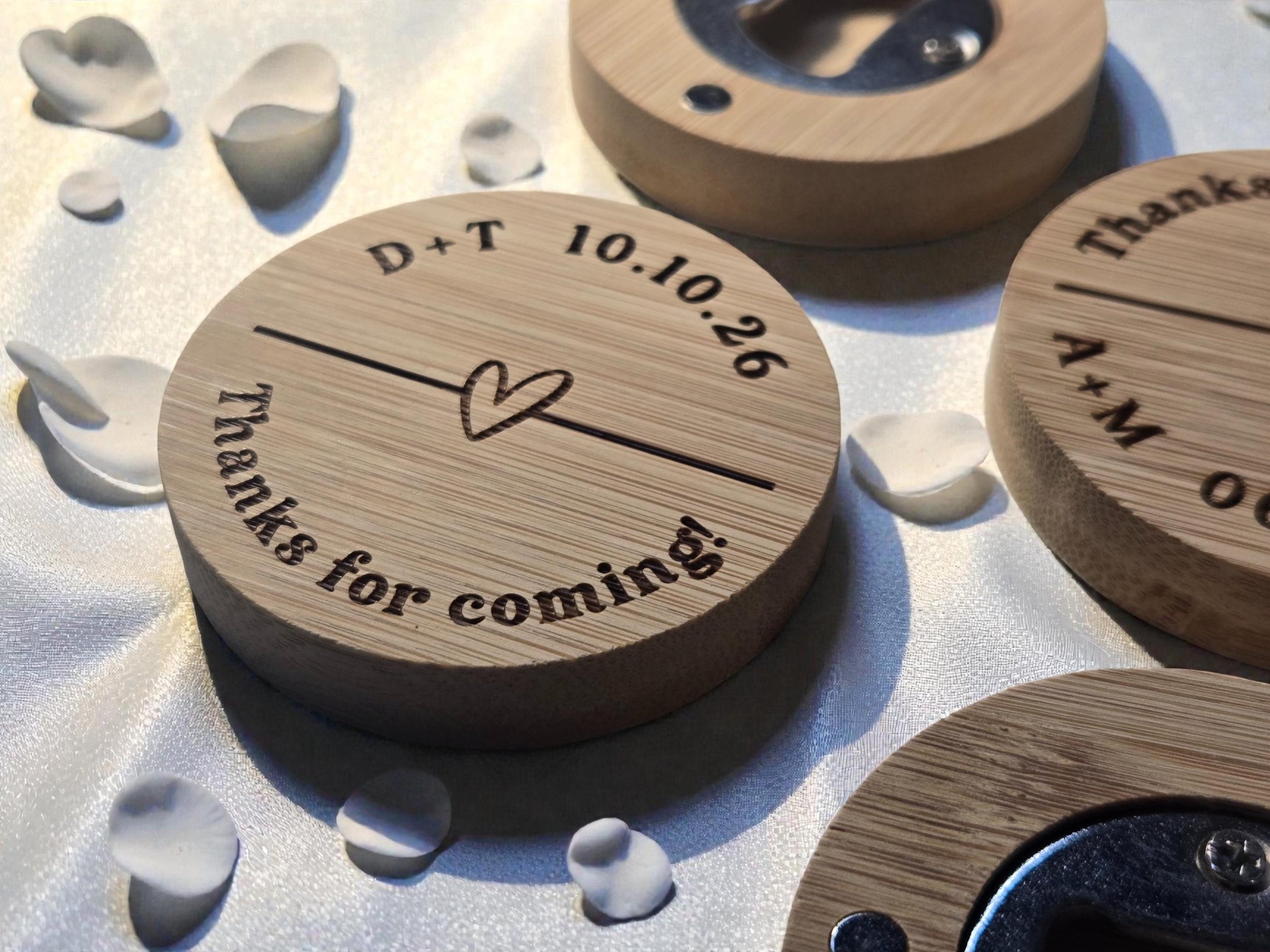 Wedding Favor Magnetic Bamboo Bottle Openers, Heart Design, Custom Laser Engraved Bulk Wedding Favors