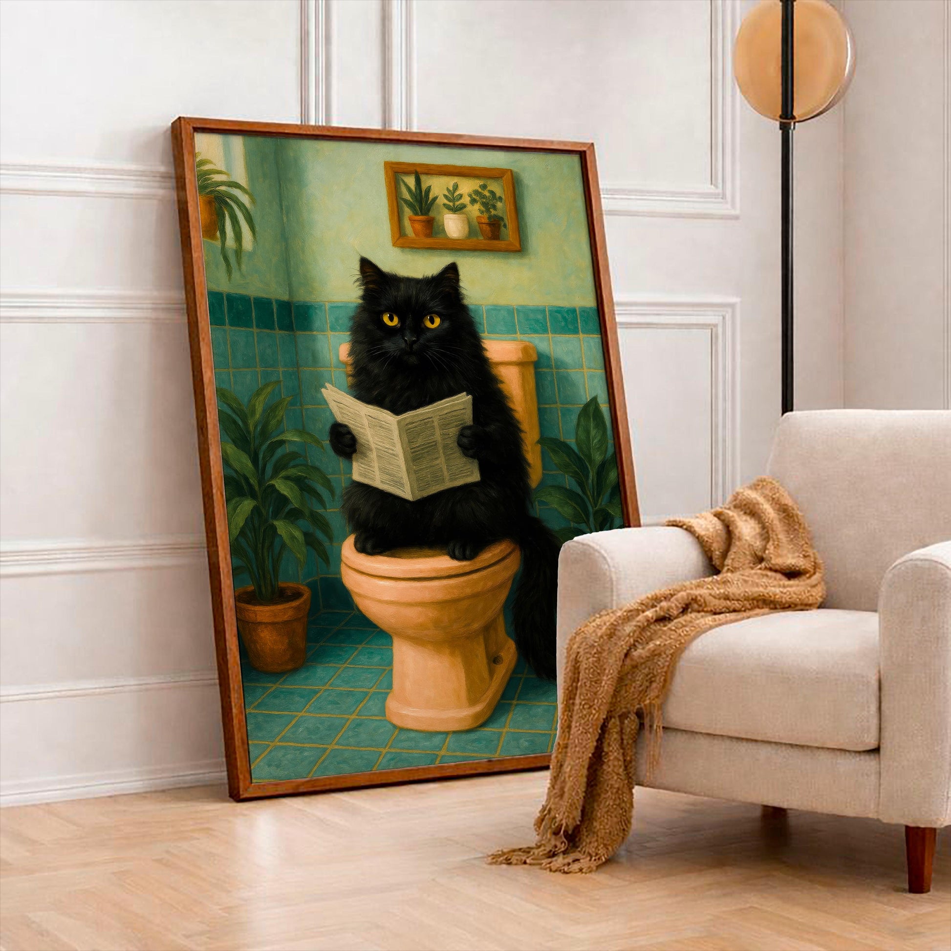 Black Cat Poster, Funny Cat on Toilet Reading Newspaper, Bathroom Wall Art, Gift for Cat Lovers