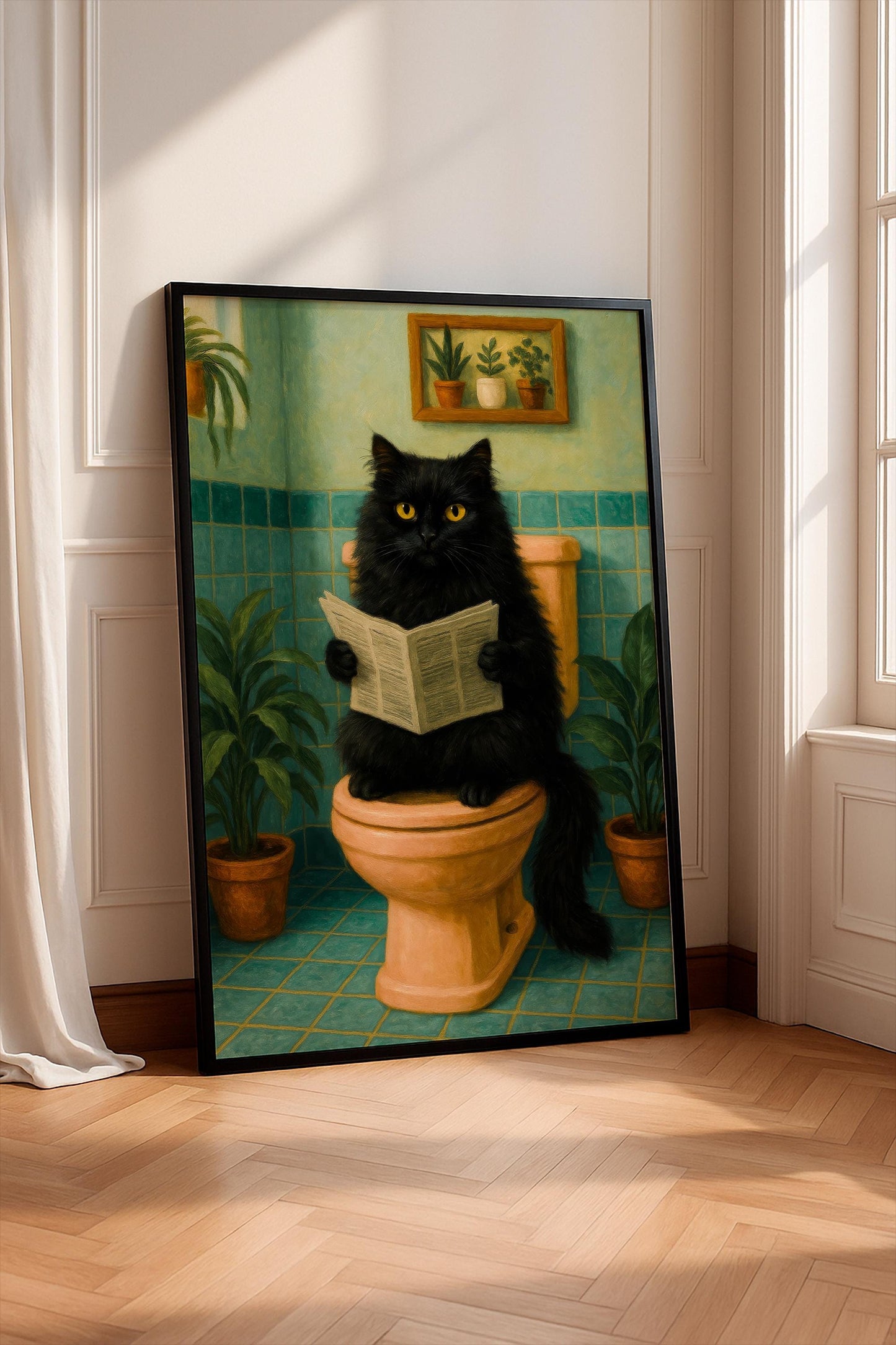 Black Cat Poster, Funny Cat on Toilet Reading Newspaper, Bathroom Wall Art, Gift for Cat Lovers