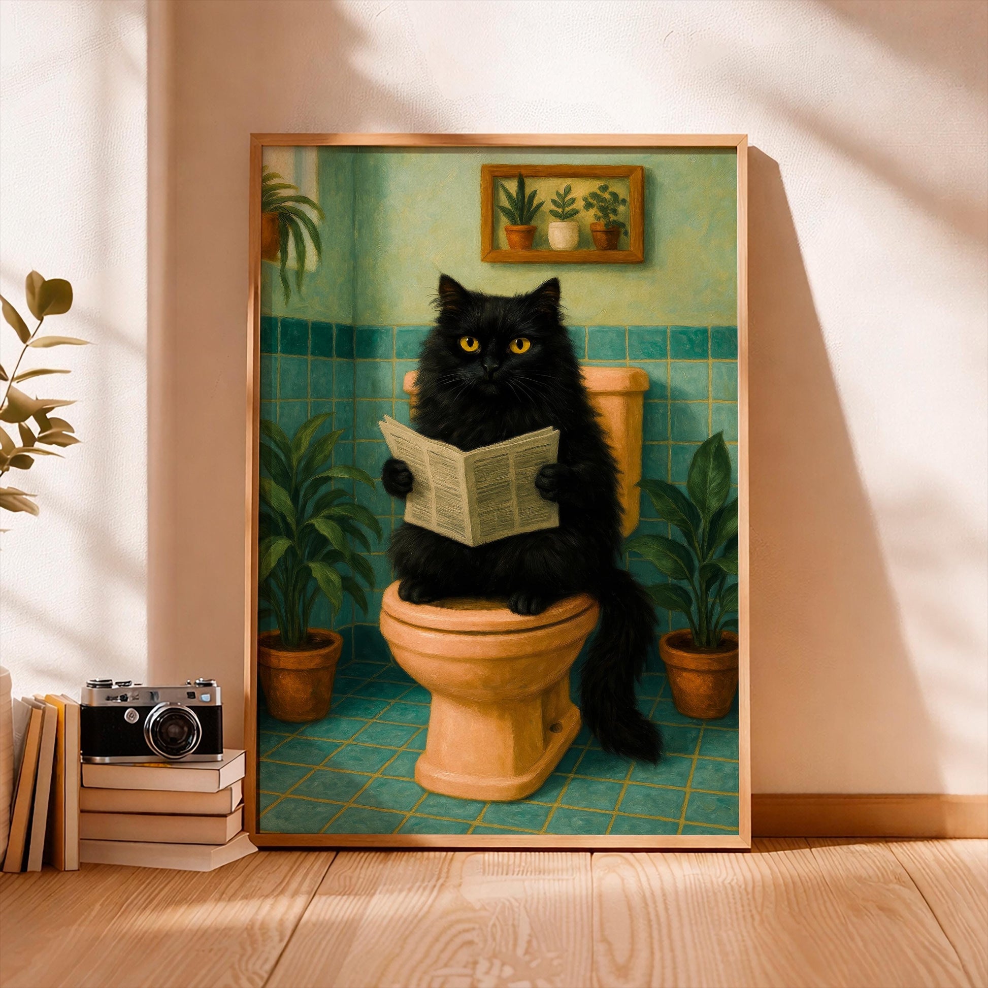 Black Cat Poster, Funny Cat on Toilet Reading Newspaper, Bathroom Wall Art, Gift for Cat Lovers