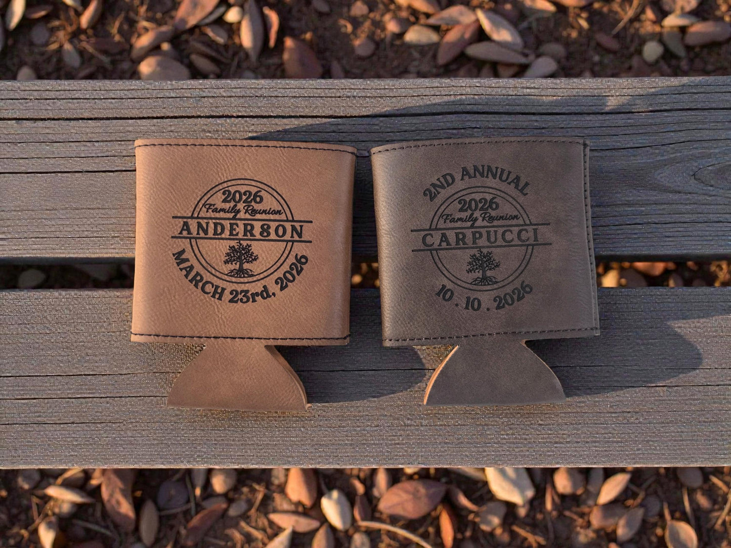 Family Reunion Bulk Party Favors, Personalized Engraved Leatherette Beverage Holder, Reunion Party Gift, Gold/Silver/Rawhide/Brown/Gray